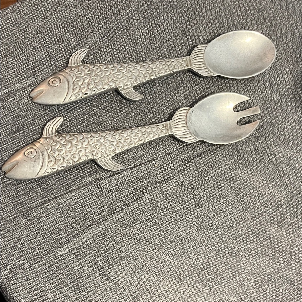 Fish Shaped Heavy Aluminum Salad Serving Spoon and Spork Fork Set Made in India